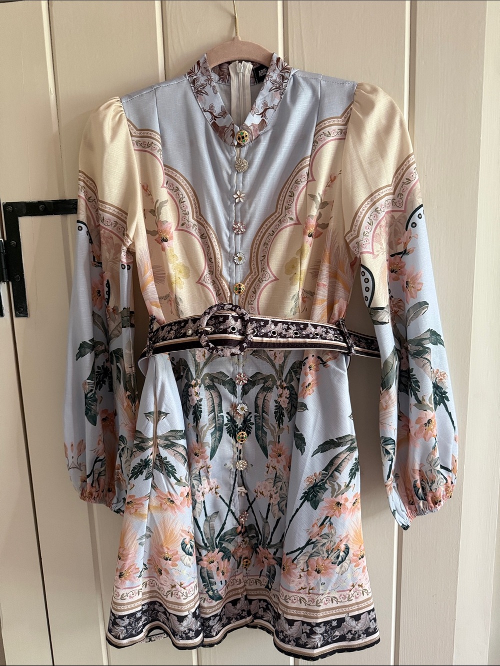 Pale Blue & Cream Floral Long-Sleeve Mini Dress with Puff Sleeves